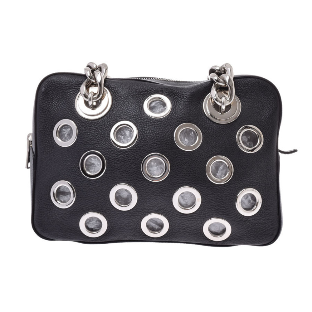 Prada Chain Handbag Punching Outlet Leather Black